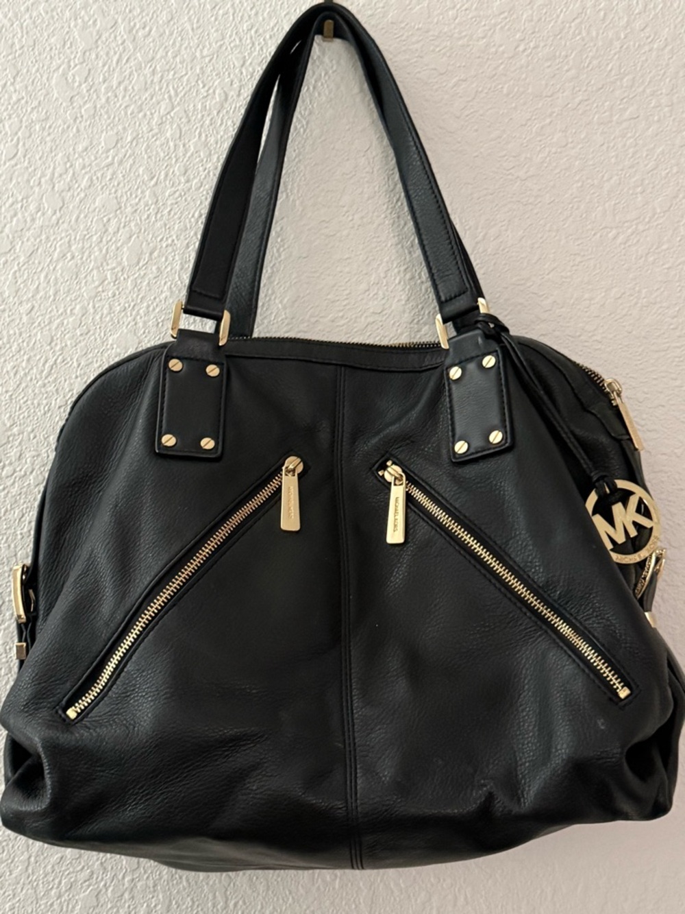 Michael Kors Black Leather Shoulder Tote with Gold Accents
